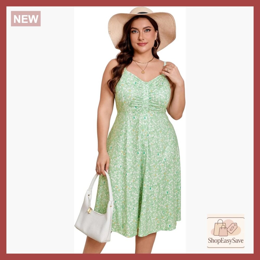 Floral Spaghetti Strap Sundress V-Neck Button Down Pleated Swing Boho Midi